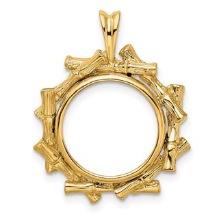 14k Yellow Gold 14mm Overlap Bamboo Prong Coin Bezel Pendant - Fits 1/20 oz Maple Leaf and Other Coins
