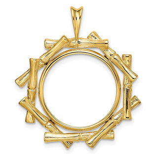 14k Yellow Gold 18mm Overlap Bamboo Prong Coin Bezel Pendant - Fits 1/10 oz Cat