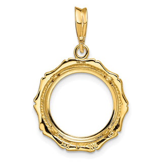 14k Yellow Gold 14mm Textured Bamboo Prong Coin Bezel Pendant - Fits 1/20 oz Maple Leaf and Other Coins