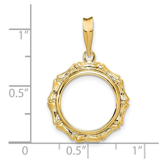 14k Yellow Gold 14mm Textured Bamboo Prong Coin Bezel Pendant - Fits 1/20 oz Maple Leaf and Other Coins