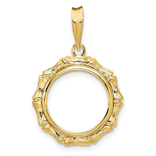 14k Yellow Gold 14mm Textured Bamboo Prong Coin Bezel Pendant - Fits 1/20 oz Maple Leaf and Other Coins