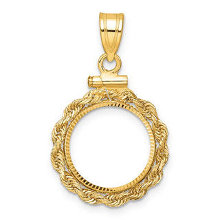 14k Yellow Gold Polished Rope and Diamond-cut 14.0mm x 1.1mm Screw Top Coin Bezel Pendant