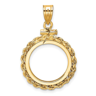 14k Yellow Gold Polished Rope and Diamond-cut 16.5mm x 1.35mm Screw Top Coin Pendant - Fits 1/10 oz American Eagle and 1/10 oz Krugerrand