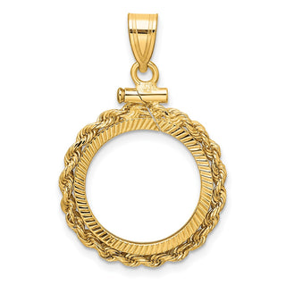 14k Yellow Gold Polished Rope and Diamond-cut 16.5mm x 1.35mm Screw Top Coin Pendant - Fits 1/10 oz American Eagle and 1/10 oz Krugerrand