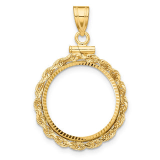 14k Yellow Gold Polished Rope and Diamond-cut 17.8mm x 1.35mm Screw Top Coin Bezel Pendant