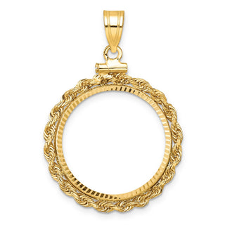 14k Yellow Gold Polished Rope and Diamond-cut 21.6mm x 1.7mm Screw Top Coin Bezel Pendant