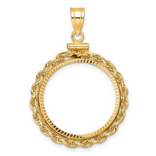 14k Yellow Gold Polished Rope and Diamond-cut 22.0mm x 1.9mm Screw Top Coin Bezel Pendant