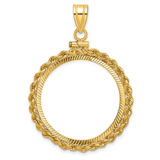 14k Yellow Gold Polished Rope and Diamond-cut 27.0mm x 2.35mm Screw Top Coin Bezel Pendant
