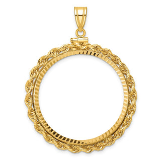 14k Yellow Gold Polished Rope and Diamond-cut 34.2mm x 2.85mm Screw Top Coin Bezel Pendant
