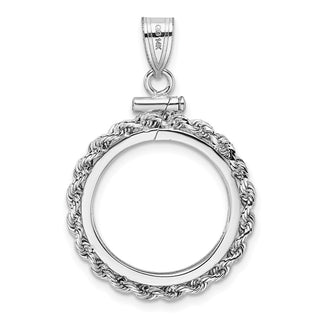 14k White Gold Polished Rope and Diamond-cut 17.8mm x 1.35mm Screw Top Coin Bezel Pendant