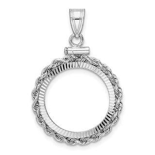 14k White Gold Diamond-cut Rope Screw Top 17.8mm x 1.35mm Coin Bezel Pendant - Fits US $2.50 Liberty and Other Coins