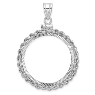14k White Gold Polished Rope and Diamond-cut 27.0mm x 2.35mm Screw Top Coin Bezel Pendant