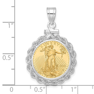14k White Gold Polished Rope Mounted 1/10oz American Eagle Screw Top Coin Bezel Pendant