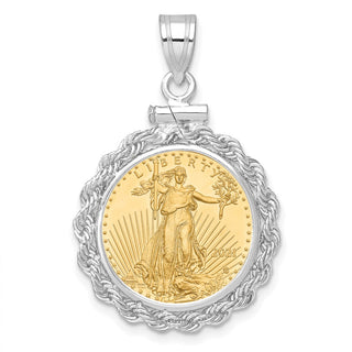 14k White Gold Polished Rope Mounted 1/10oz American Eagle Screw Top Coin Bezel Pendant
