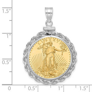 14k White Gold Polished Rope Mounted 1/4oz American Eagle Screw Top Coin Bezel Pendant