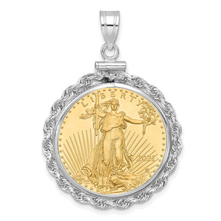 14k White Gold Polished Rope Mounted 1/4oz American Eagle Screw Top Coin Bezel Pendant