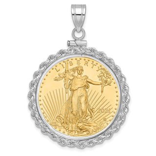 14k White Gold Polished Rope Mounted 1/2oz American Eagle Screw Top Coin Bezel Pendant