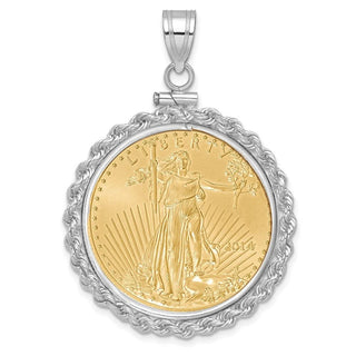 14k White Gold Polished Rope Mounted 1/2oz American Eagle Screw Top Coin Bezel Pendant