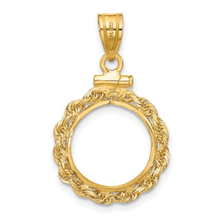 14k Yellow Gold 2mm Rope Screw Top 14mm Coin Bezel Pendant - Fits 1/20 oz Maple Leaf and Other Coins