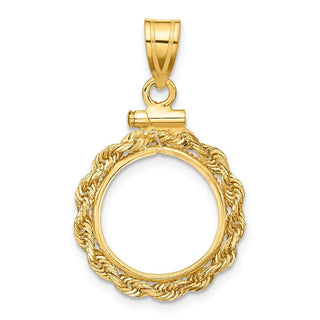 10k Yellow Gold Polished Rope 14.0mm x 1.1mm Screw Top Coin Bezel Pendant - Fits 1/20 oz Maple Leaf and Other Coins