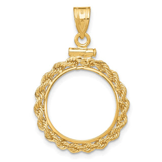 14k Yellow Gold 2mm Rope Screw Top 16mm Coin Bezel Pendant - Fits 1/10 oz Maple Leaf, Maple Leaf, and Other Coins
