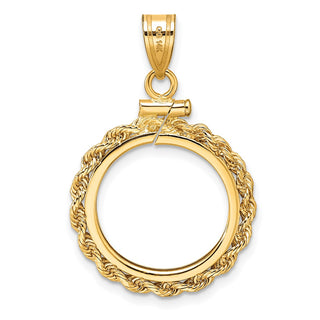 10k Yellow Gold Polished Rope 16.5mm x 1.35mm Screw Top Coin Bezel Pendant - Fits 1/10 oz American Eagle and 1/10 oz Krugerrand