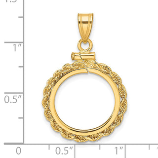 10k Yellow Gold Polished Rope 16.5mm x 1.35mm Screw Top Coin Bezel Pendant - Fits 1/10 oz American Eagle and 1/10 oz Krugerrand