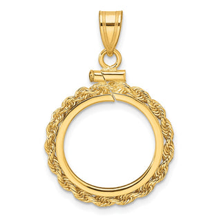 10k Yellow Gold Polished Rope 16.5mm x 1.35mm Screw Top Coin Bezel Pendant - Fits 1/10 oz American Eagle and 1/10 oz Krugerrand