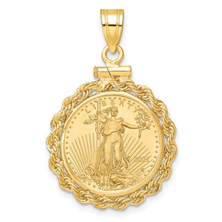 14k Polished Rope Mounted 1/10oz American Eagle Screw Top Coin Bezel Pendant
