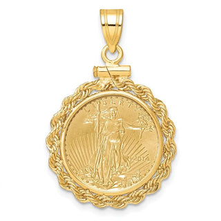 14k Polished Rope Mounted 1/10oz American Eagle Screw Top Coin Bezel Pendant