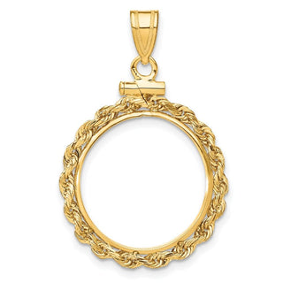 10k Yellow Gold Polished Rope 18.0mm x 1.35mm Screw Top Coin Bezel Pendant - Fits 1/10 oz Cat