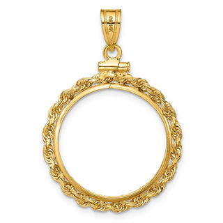 14k Yellow Gold 2mm Rope Screw Top 21.6mm Coin Bezel Pendant - Fits US $5 Bald Eagle, US $5 Congressional, US $5 Liberty, and Other Coins