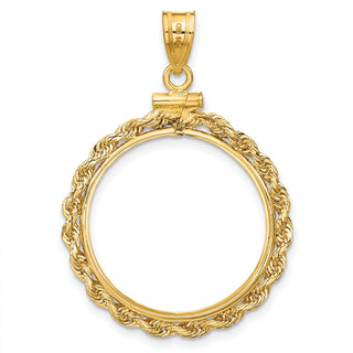 14k Yellow Gold 2mm Rope Screw Top 22mm Coin Bezel Pendant - Fits 1/4 oz American Eagle and Other Coins
