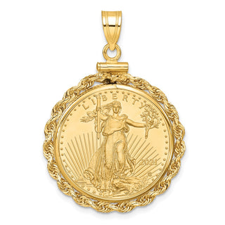 14k Yellow Gold Polished Rope Mounted 1/4oz American Eagle Screw Top Coin Bezel Pendant