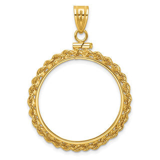 14k Yellow Gold 2mm Rope Screw Top 27mm Coin Bezel Pendant - Fits 1/2 oz American Eagle, US $10 Liberty, and Other Coins