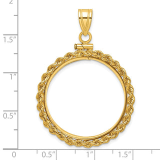 14k Yellow Gold 2mm Rope Screw Top 27mm Coin Bezel Pendant - Fits 1/2 oz American Eagle, US $10 Liberty, and Other Coins