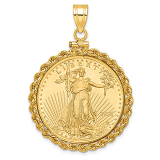 14k Yellow Gold Polished Rope Mounted 1/2oz American Eagle Screw Top Coin Bezel Pendant