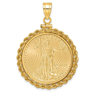 14k Yellow Gold Polished Rope Mounted 1/2oz American Eagle Screw Top Coin Bezel Pendant