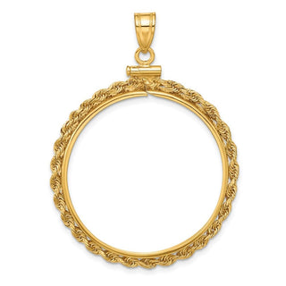 10k Yellow Gold Polished Rope 30.0mm x 3.00mm Screw Top Coin Bezel Pendant - Fits 1 oz Maple Leaf and 1/2 oz Cat