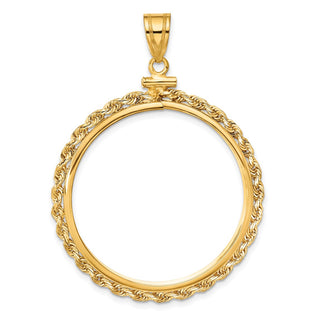 14k Yellow Gold 2mm Rope Screw Top 32.7mm Coin Bezel Pendant - Fits 1 oz American Eagle, 1 oz Cat, and 1 oz Krugerrand