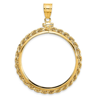 14k Yellow Gold 2mm Rope Screw Top 32.7mm Coin Bezel Pendant - Fits 1 oz American Eagle, 1 oz Cat, and 1 oz Krugerrand