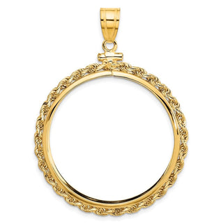 10k Yellow Gold Polished Rope 32.7mm x 3mm Screw Top Coin Bezel Pendant - Fits 1 oz American Eagle, 1 oz Cat, and 1 oz Krugerrand