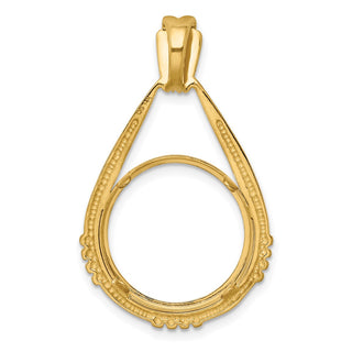 14k Yellow Gold Satin Fluted Station 16.5mm Teardrop Prong Coin Bezel Pendant - Fits 1/10 oz American Eagle and 1/10 oz Krugerrand