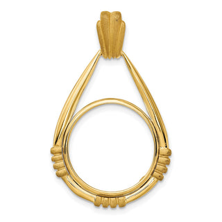 14k Yellow Gold Satin Fluted Station 16.5mm Teardrop Prong Coin Bezel Pendant - Fits 1/10 oz American Eagle and 1/10 oz Krugerrand