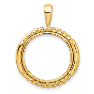 14k Yellow Gold 16.5mm Double Twisted w/ Polished Edge Prong Coin Bezel Pendant - Fits 1/10 oz American Eagle and 1/10 oz Krugerrand