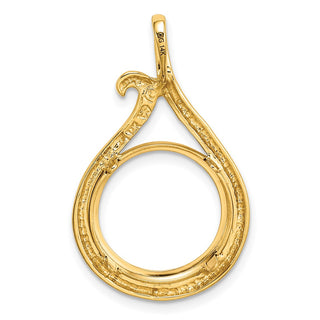 14k Yellow Gold 14mm Curled Teardrop Prong Coin Bezel Pendant - Fits 1/20 oz Maple Leaf and Other Coins