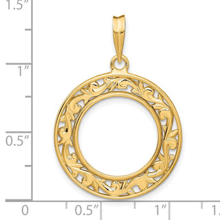 14k Yellow Gold Polished 16.5mm Curved Filigree Prong Coin Bezel Pendant - Fits 1/10 oz American Eagle and 1/10 oz Krugerrand