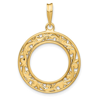 14k Yellow Gold Polished 16.5mm Curved Filigree Prong Coin Bezel Pendant - Fits 1/10 oz American Eagle and 1/10 oz Krugerrand