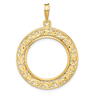 14k Yellow Gold Polished 21.6mm Curved Filigree Prong Coin Bezel Pendant - Fits US $5 Bald Eagle, US $5 Congressional, US $5 Liberty, and Other Coins