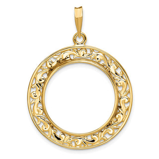 14k Yellow Gold Polished 22mm Curved Filigree Prong Coin Bezel Pendant - Fits 1/4 oz American Eagle and Other Coins